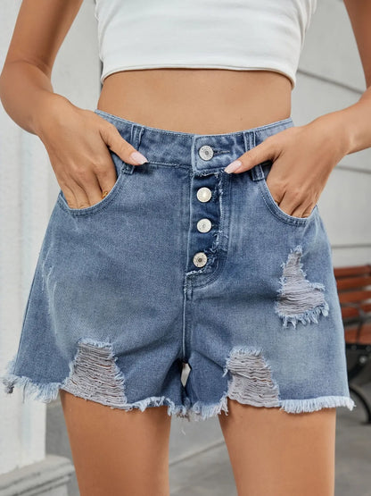 Distressed Raw Hem Denim Shorts - Dark Blue -