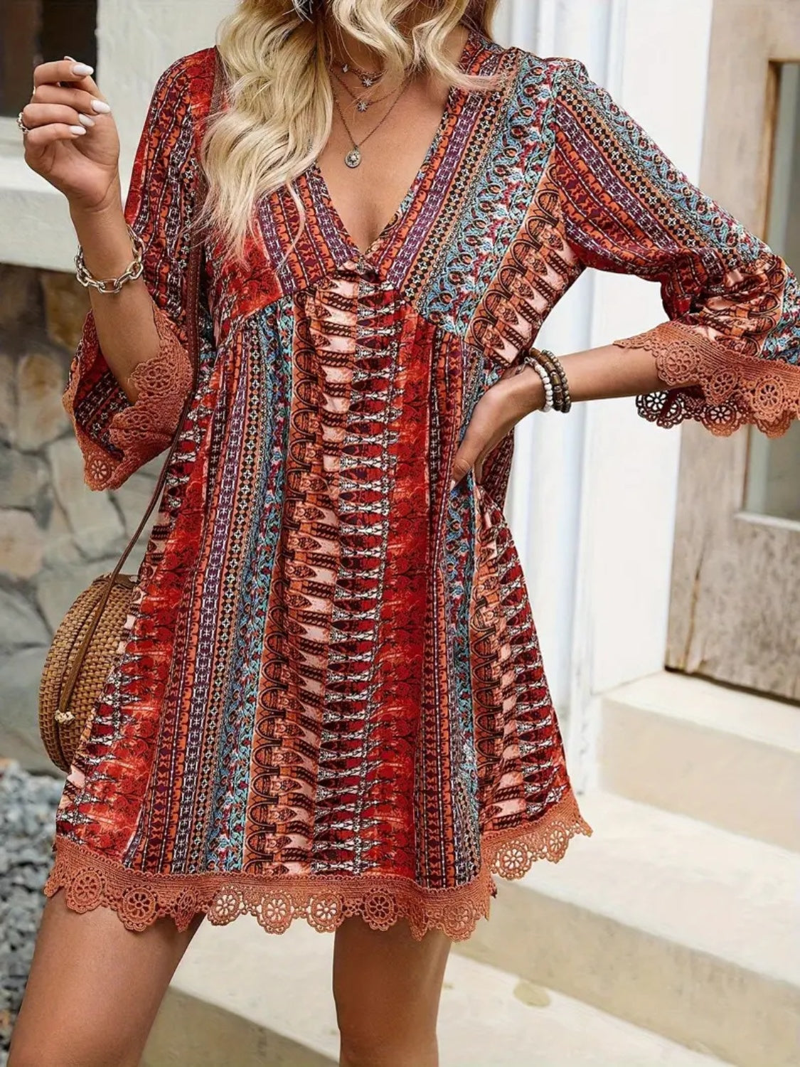 Lace Trim Printed V-Neck 3/4 Sleeve Dress - Rust -
