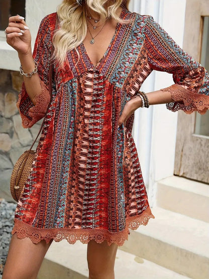 Lace Trim Printed V-Neck 3/4 Sleeve Dress - Rust -
