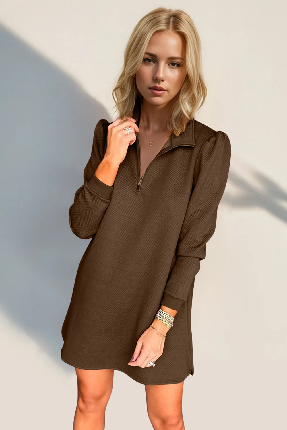 Double Take Textured Quarter Zip Long Sleeve Dress - -