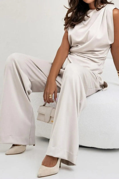 Luxe Asymmetrical Ruched Set - Elevated Wide-Leg Ensemble - -