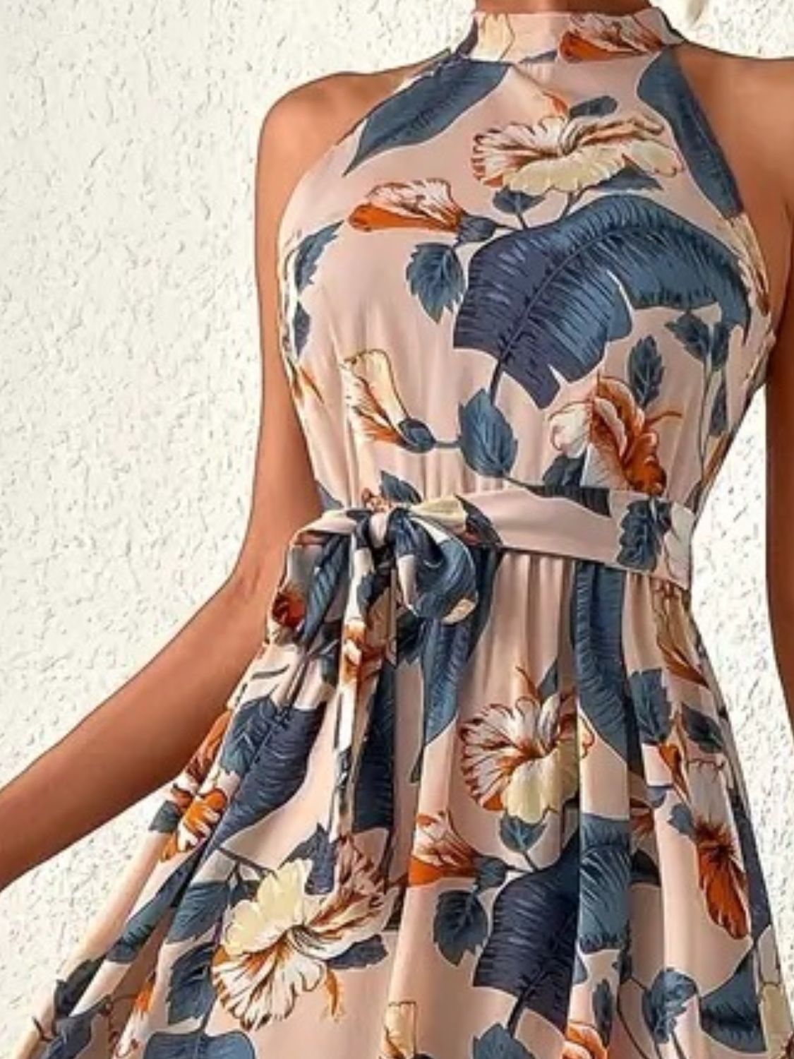 Tied Floral Sleeveless Dress - -