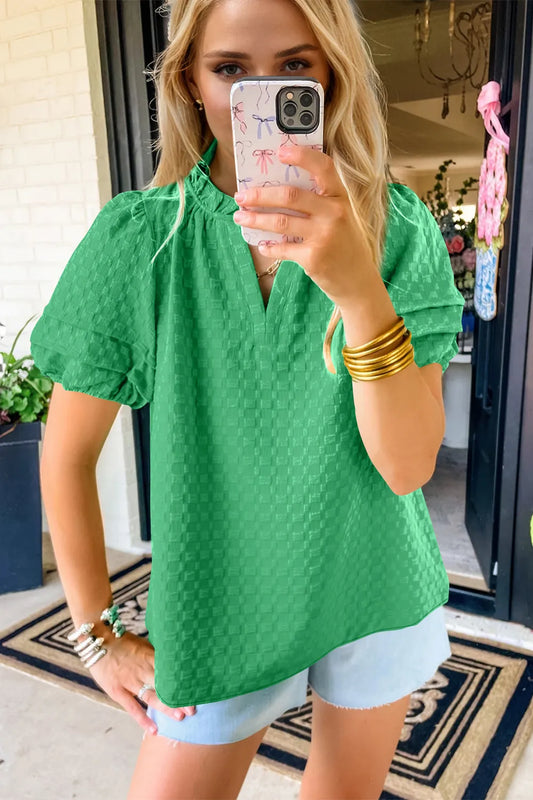 Oh Full Size Frill Notched Puff Sleeve Blouse - Green -