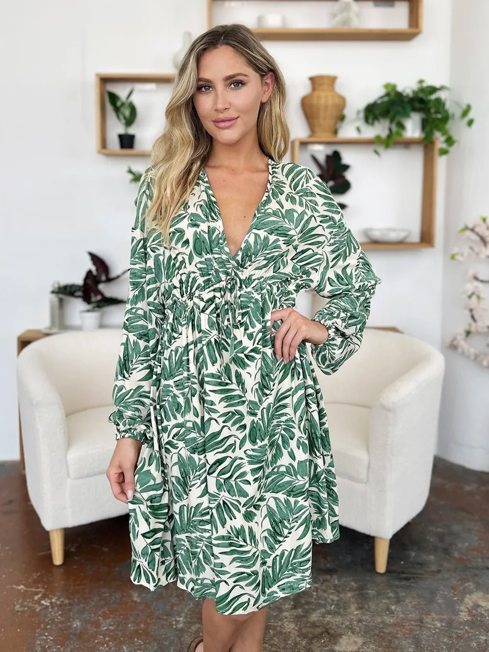Double Take Full Size Printed Ruched Balloon Sleeve Dress – | Shannon’s Chique Boutique