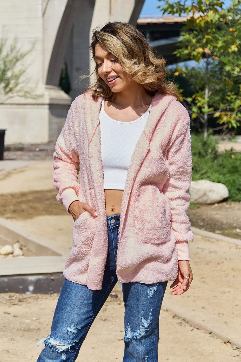 Full Size Teddy Hooded Jacket with Pockets - -