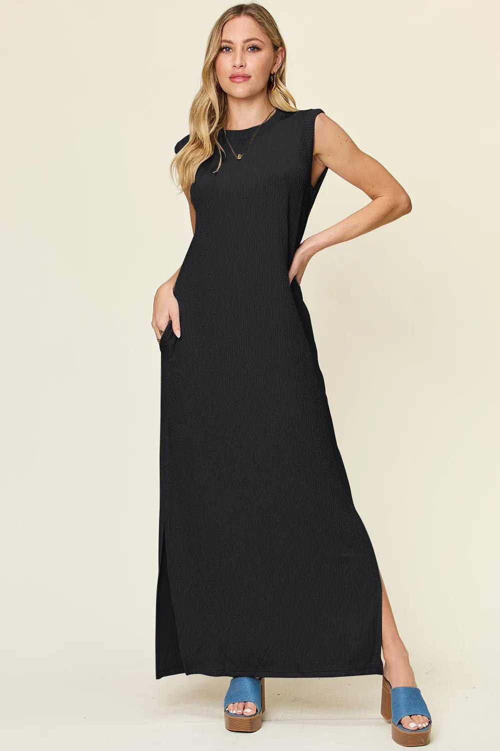 Double Take Full Size Texture Mock Neck Sleeveless Maxi Dress - Black -