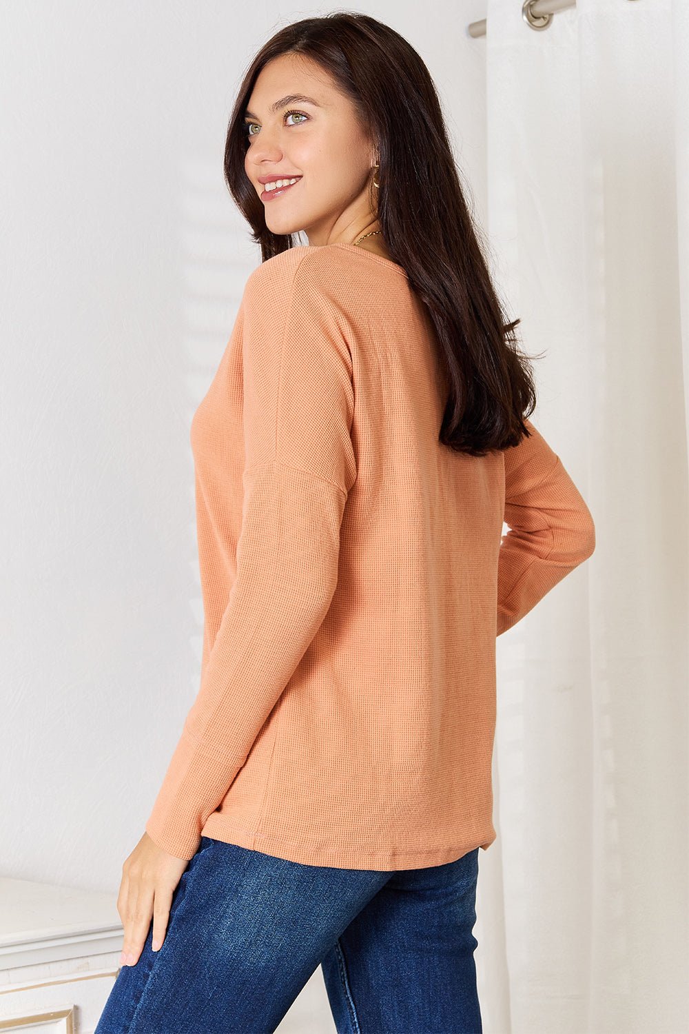 Basic Bae Half Button Long Sleeve Top - -