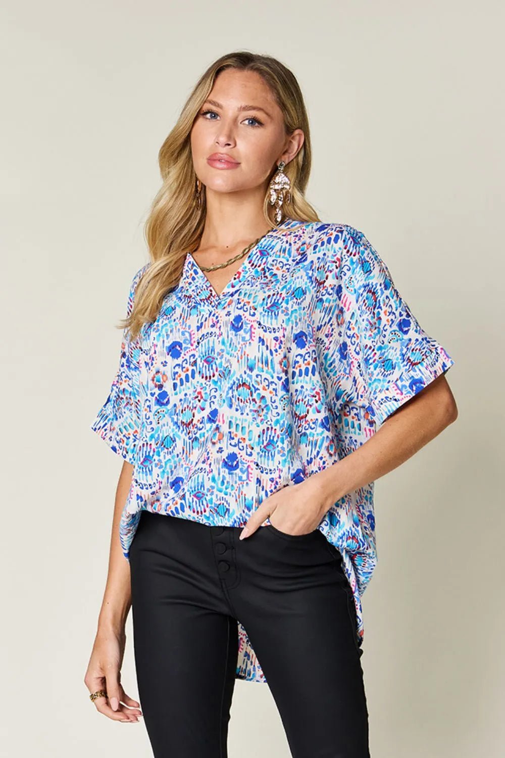 Double Take Full Size Printed V-Neck Short Sleeve Blouse - Sky Blue -