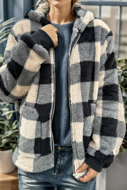 Double Take Full Size Plaid Long Sleeve Hooded Coat - -