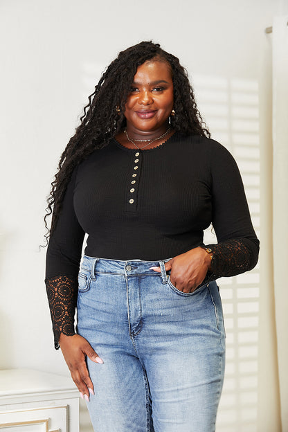 Double Take Crochet Lace Hem Sleeve Button Top - -