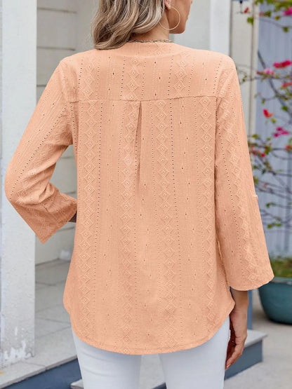 Eyelet Notched Roll-Tab Sleeve Top - -