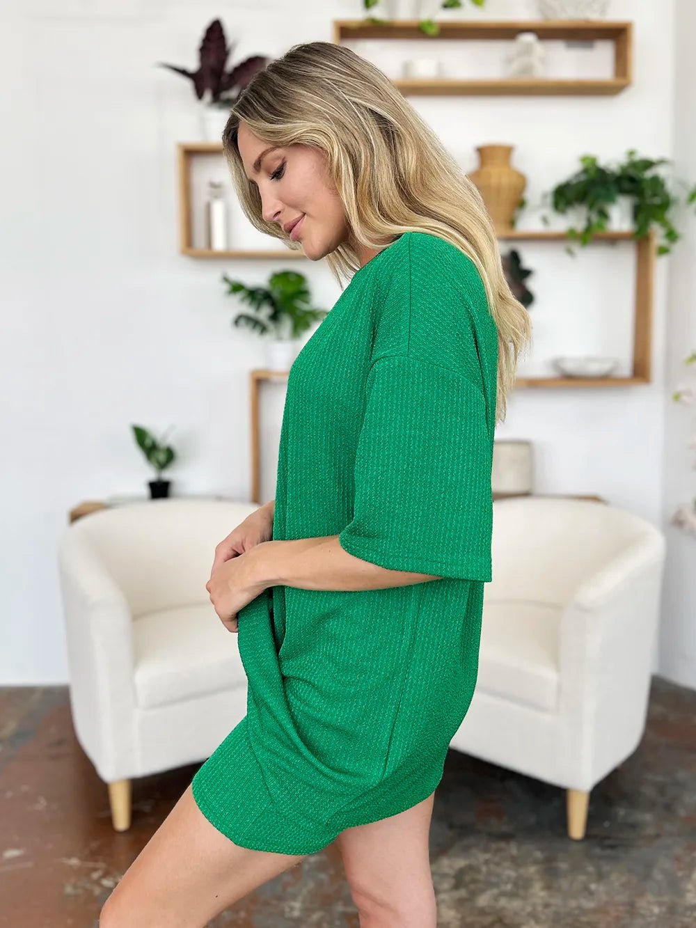 Double Take Full Size Texture Round Neck Drop Shoulder T-Shirt and Shorts Set – | Shannon’s Chique Boutique