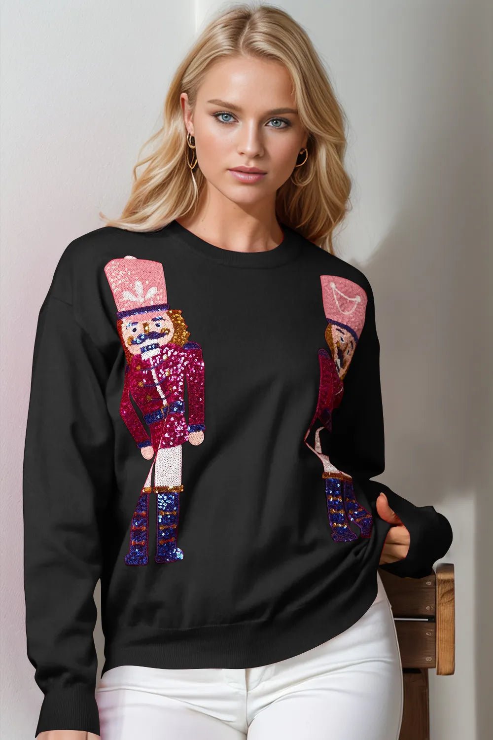 Double Take Full Size Nutcracker Sequin Long Sleeve Sweater - Black -