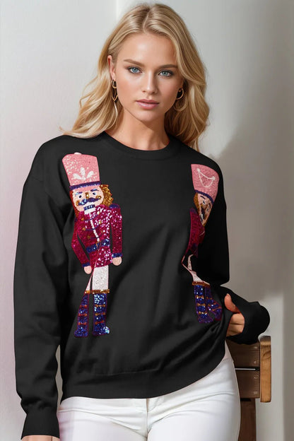 Double Take Full Size Nutcracker Sequin Long Sleeve Sweater - Black -