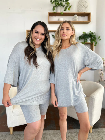 Basic Bae Bamboo Oversized T-Shirt & Shorts Set – Laid-Back Luxe Collection - -