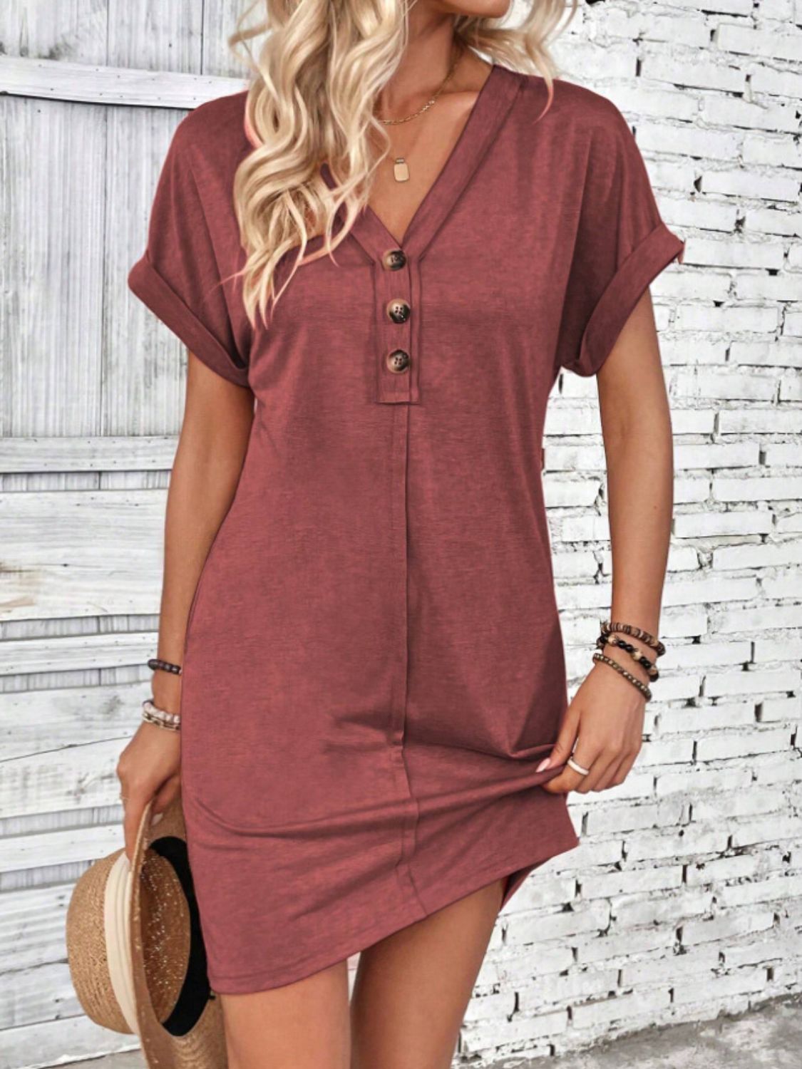 Quarter Button V-Neck Short Sleeve Dress - Rust -