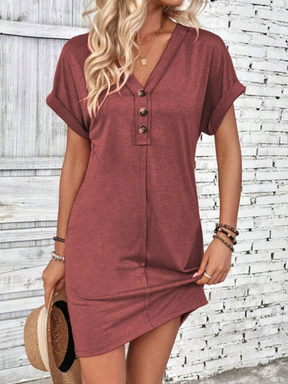 Quarter Button V-Neck Short Sleeve Dress - Rust -