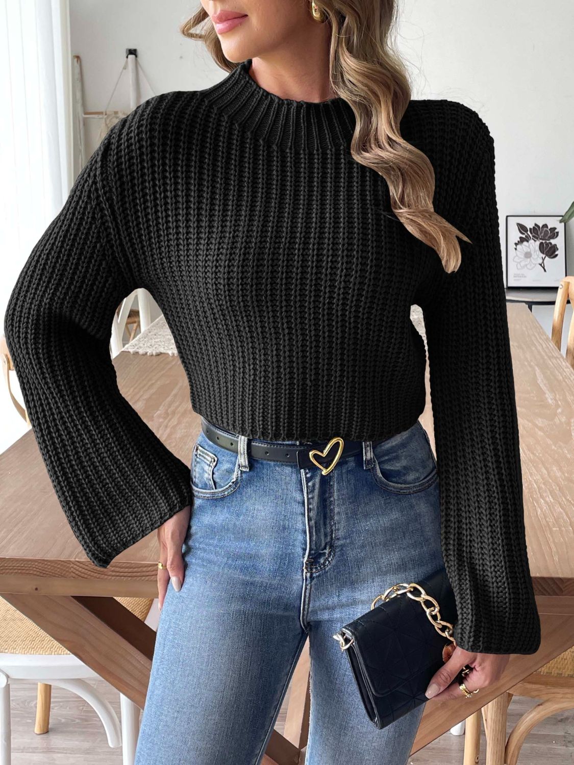 Mock Neck Long Sleeve Sweater - Black -