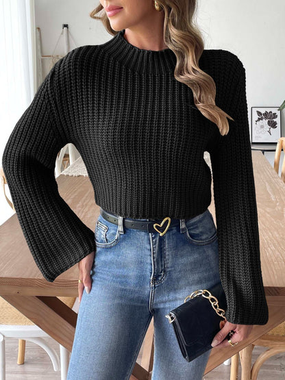 Mock Neck Long Sleeve Sweater - Black -