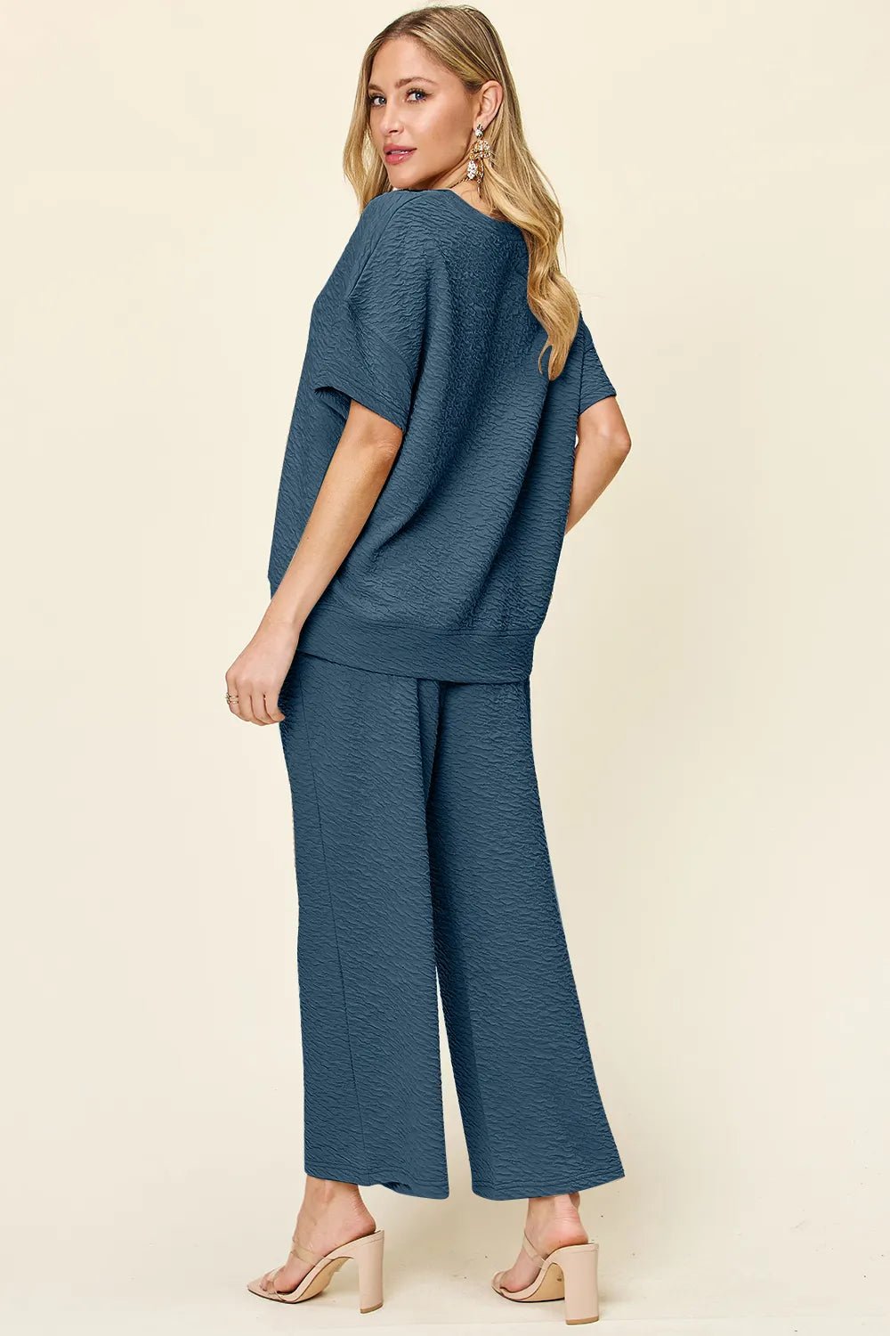 Double Take Full Size Texture Short Sleeve Top and Pants Set - -