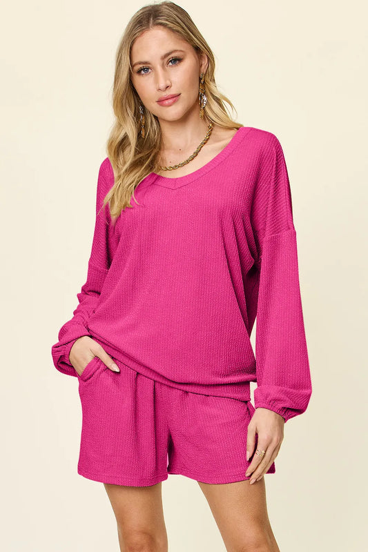 Double Take Full Size Texture V-Neck Long Sleeve T-Shirt and Shorts Set - Hot Pink -