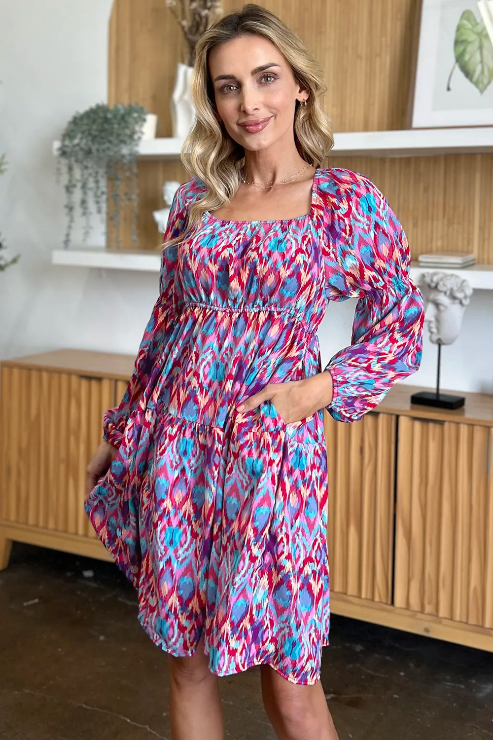 Double Take Full Size Printed Long Sleeve Dress – | Shannon’s Chique Boutique