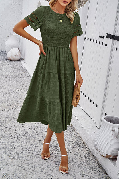 Devine Smocked Round Neck Short Sleeve Midi Dress