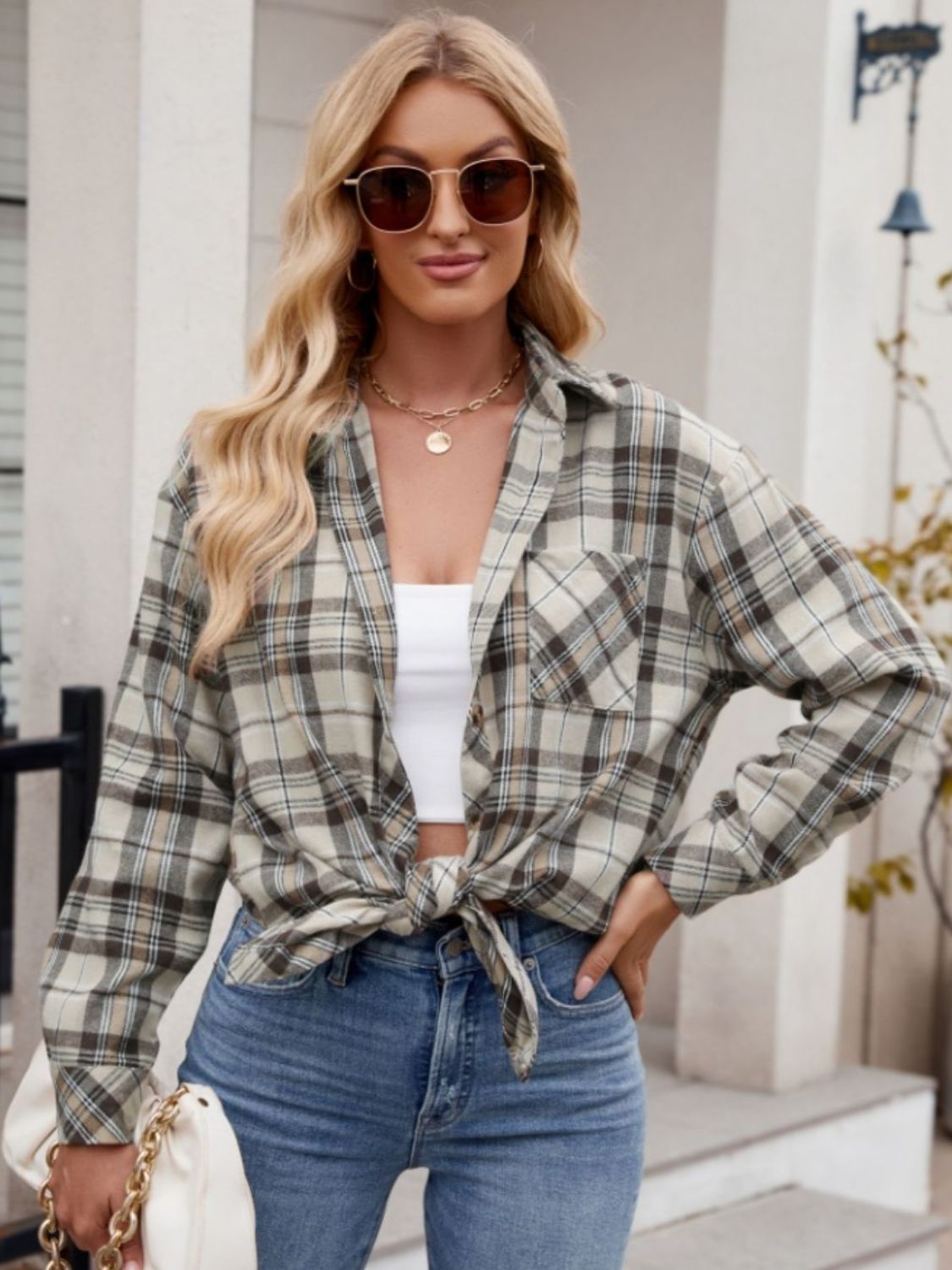 Pocketed Plaid Collared Neck Long Sleeve Shirt - Khaki -