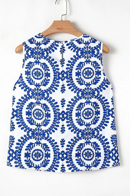 Printed Crew Neck Sleeveless Top - -