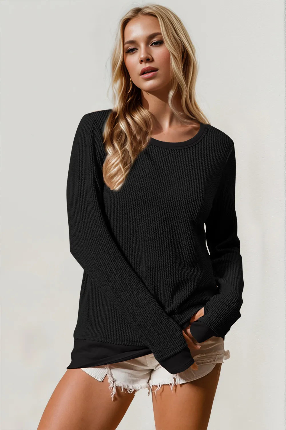 Double Take Corded Rib Thumbhole Cuff Round Neck T-Shirt - Black -