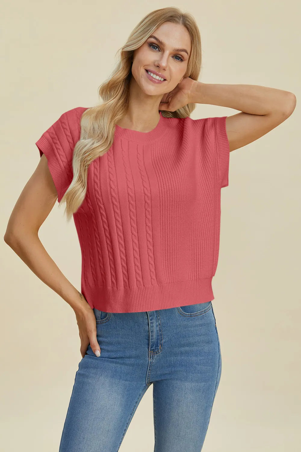 Double Take Full Size Cable-Knit Round Neck Short Sleeve Sweater - -