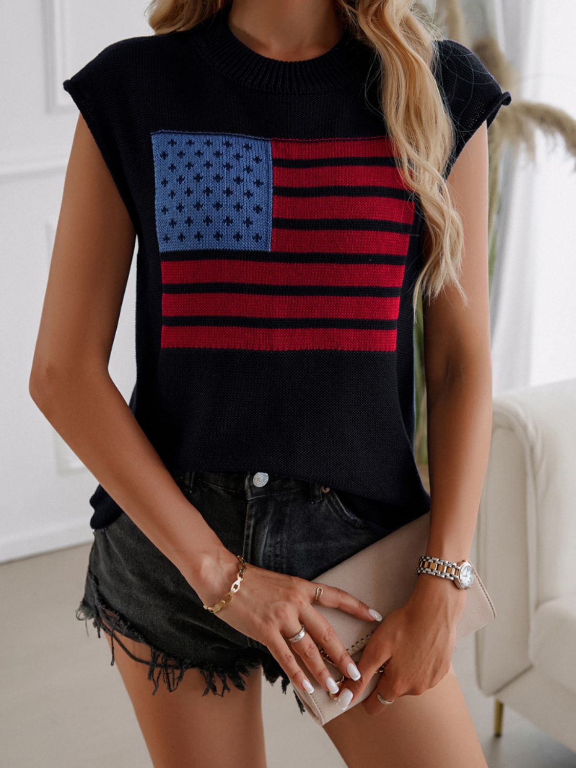 Devine US Flag Round Neck Sweater Vest - -