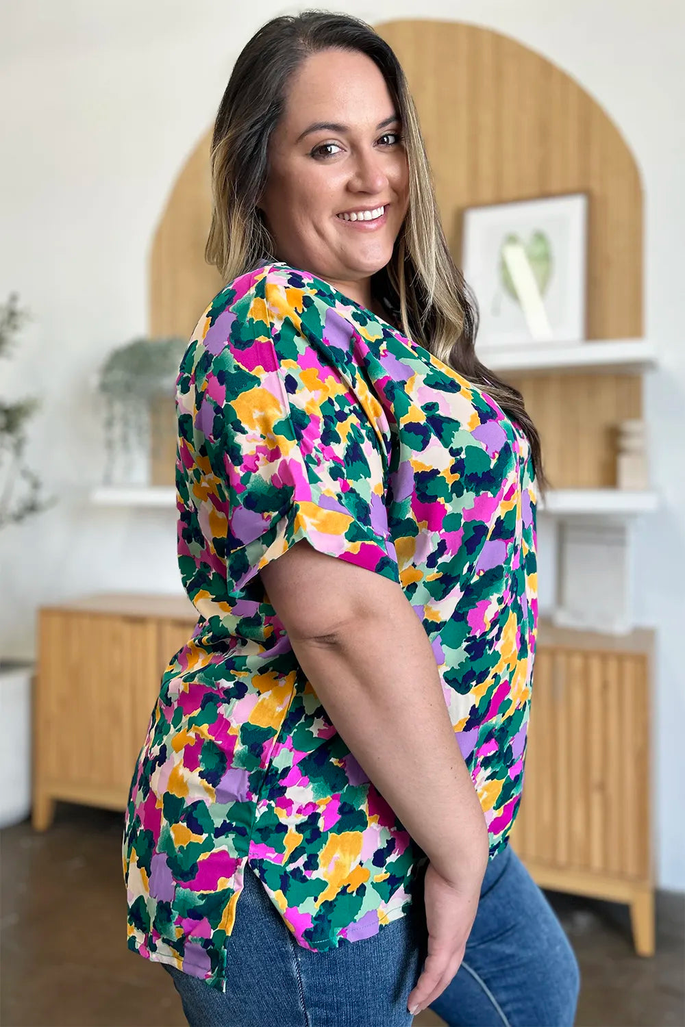 Double Take Full Size Printed V - Neck Short Sleeve Side Slit Top – | Shannon’s Chique Boutique