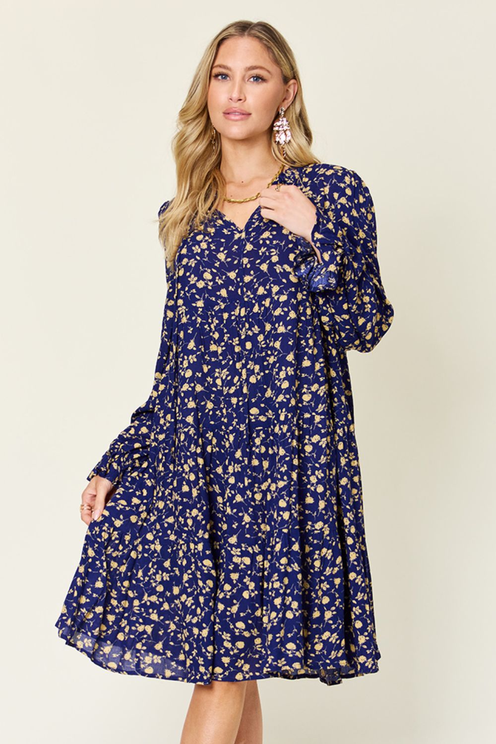 Double Take Full Size Printed Ruffle Hem Long Sleeve Tiered Dress - Dark Blue -