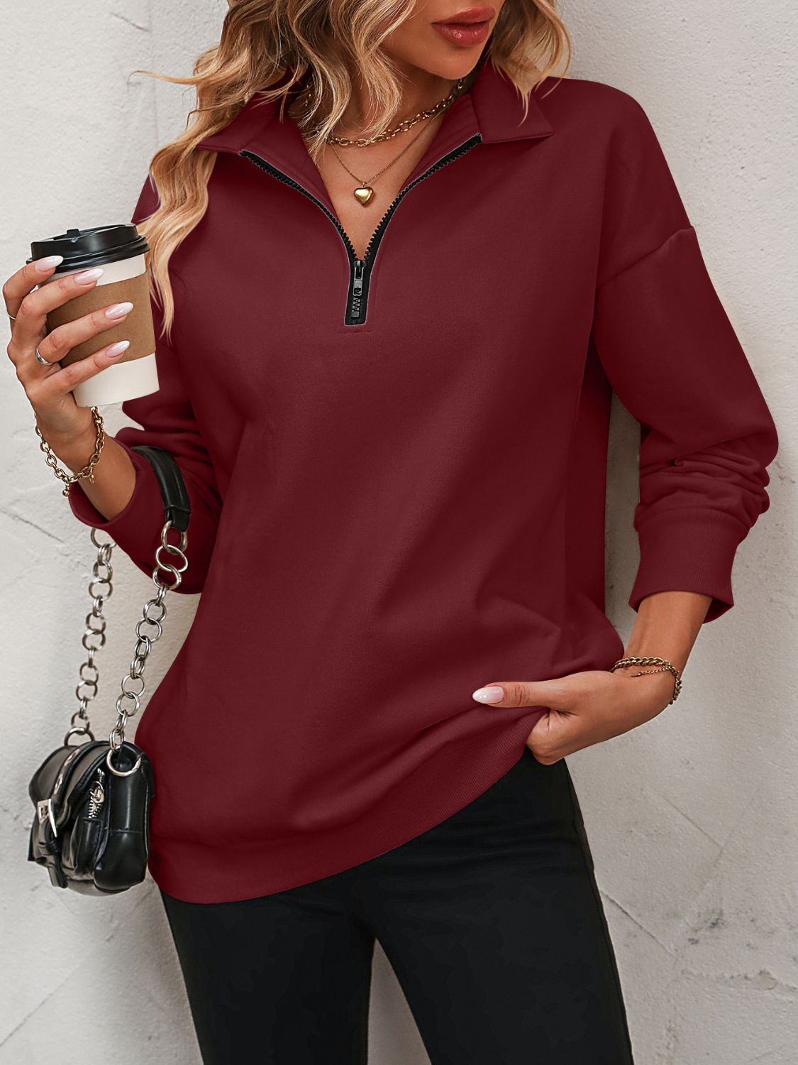 Mandy Zip-Up Dropped Shoulder Sweatshirt - Burgundy -