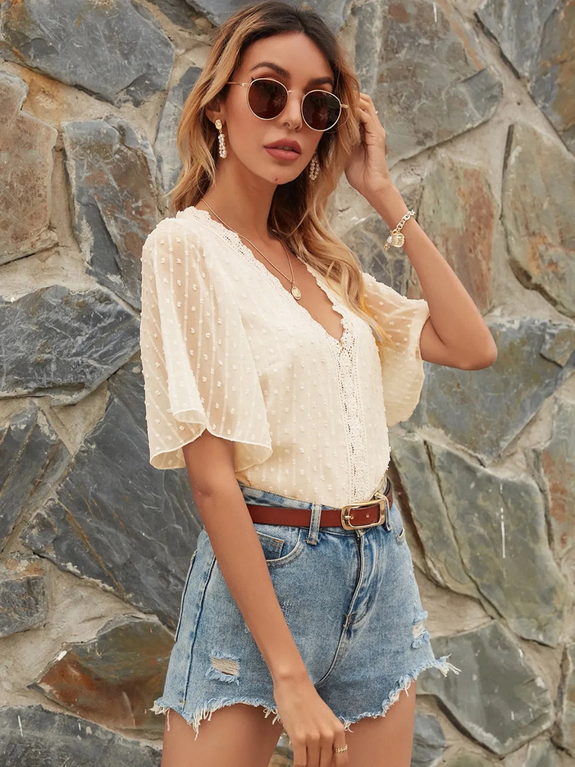 Lace Detail V-Neck Siwss Dot Blouse - -