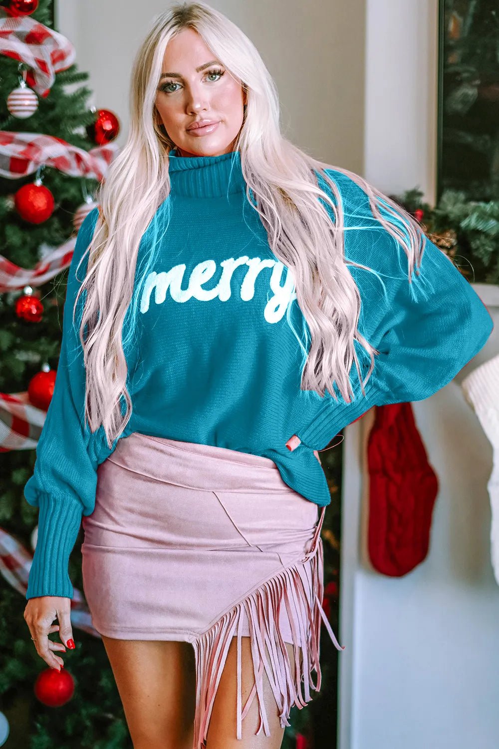 Double Take Full Size Merry Christmas Turtleneck Long Sleeve Sweater – | Shannon’s Chique Boutique