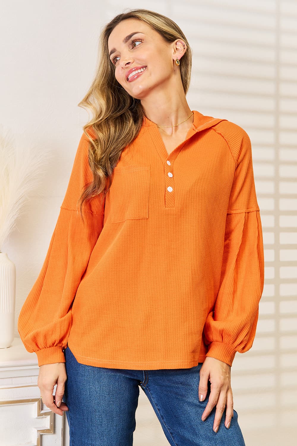 Basic Bae Side Slit Buttoned Waffle Knit Hoodie - Orange -