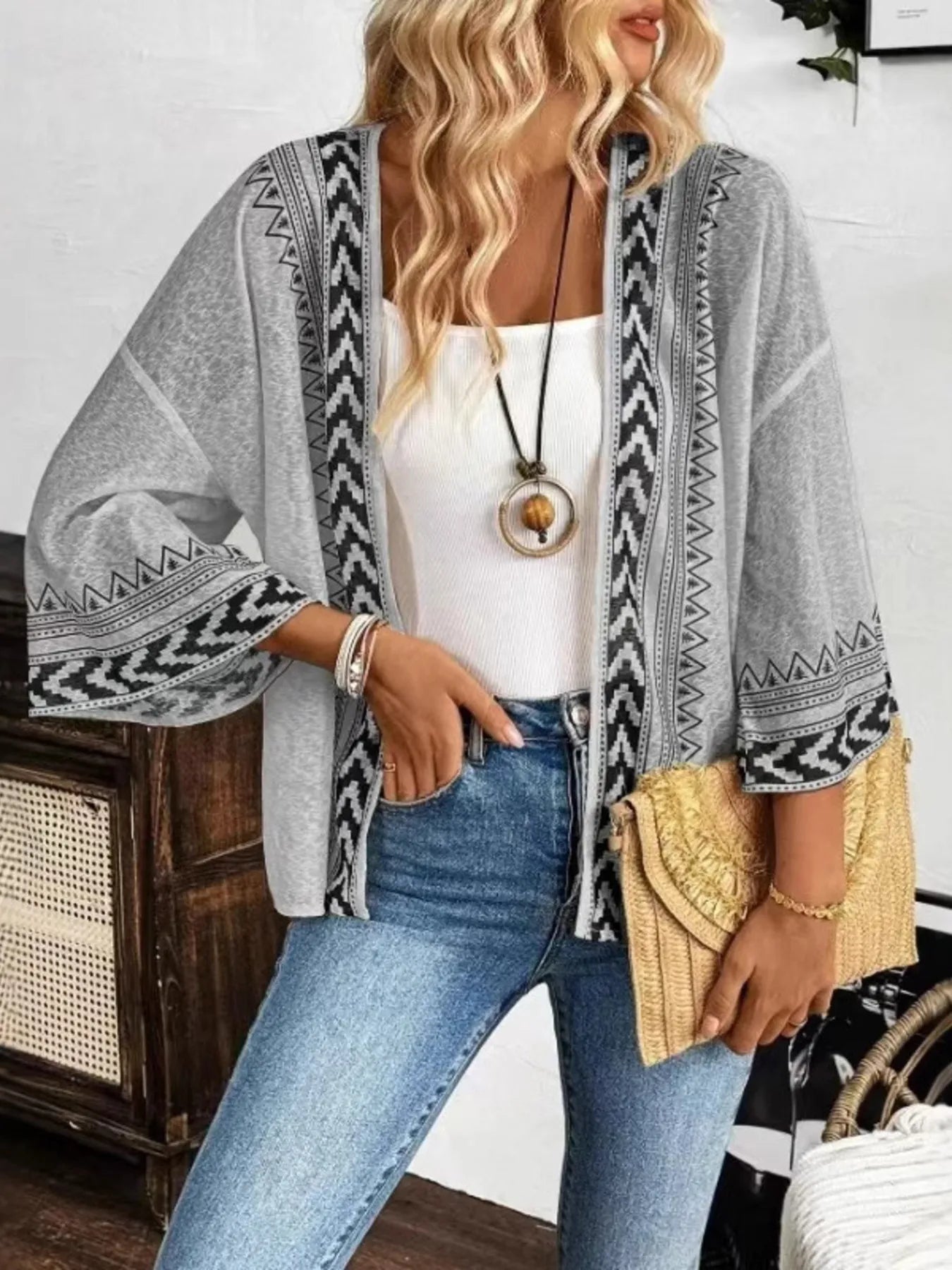 Open Front Kimono Cardigan – Sheer Boho Layering Piece | SCB Level Stylish - Light Gray -