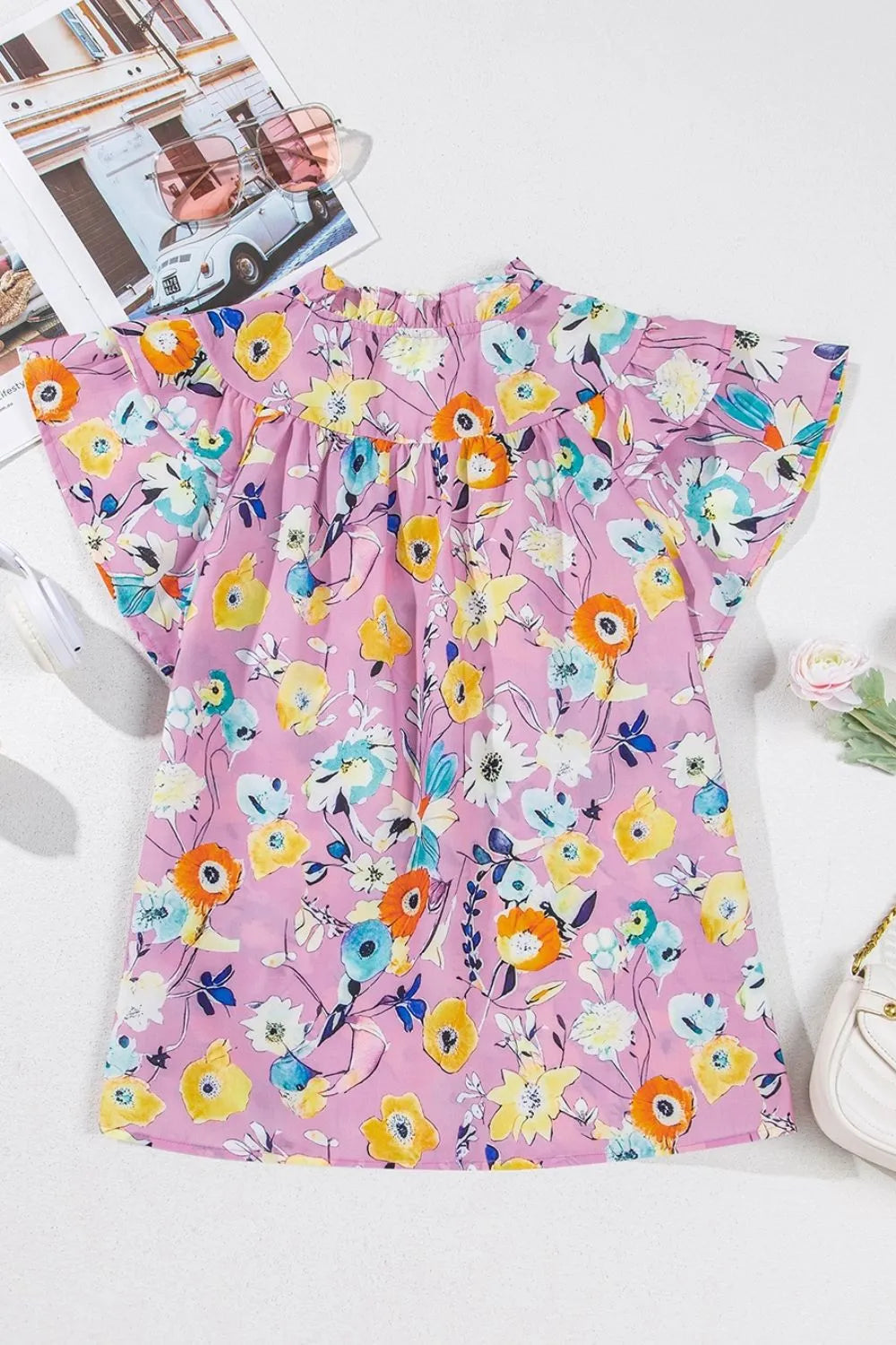 Printed Notched Double Layered Ruffle Sleeve Blouse - -