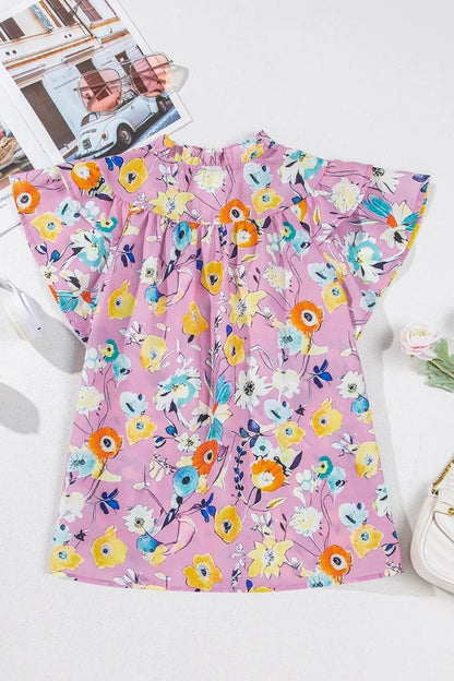 Printed Notched Double Layered Ruffle Sleeve Blouse - -