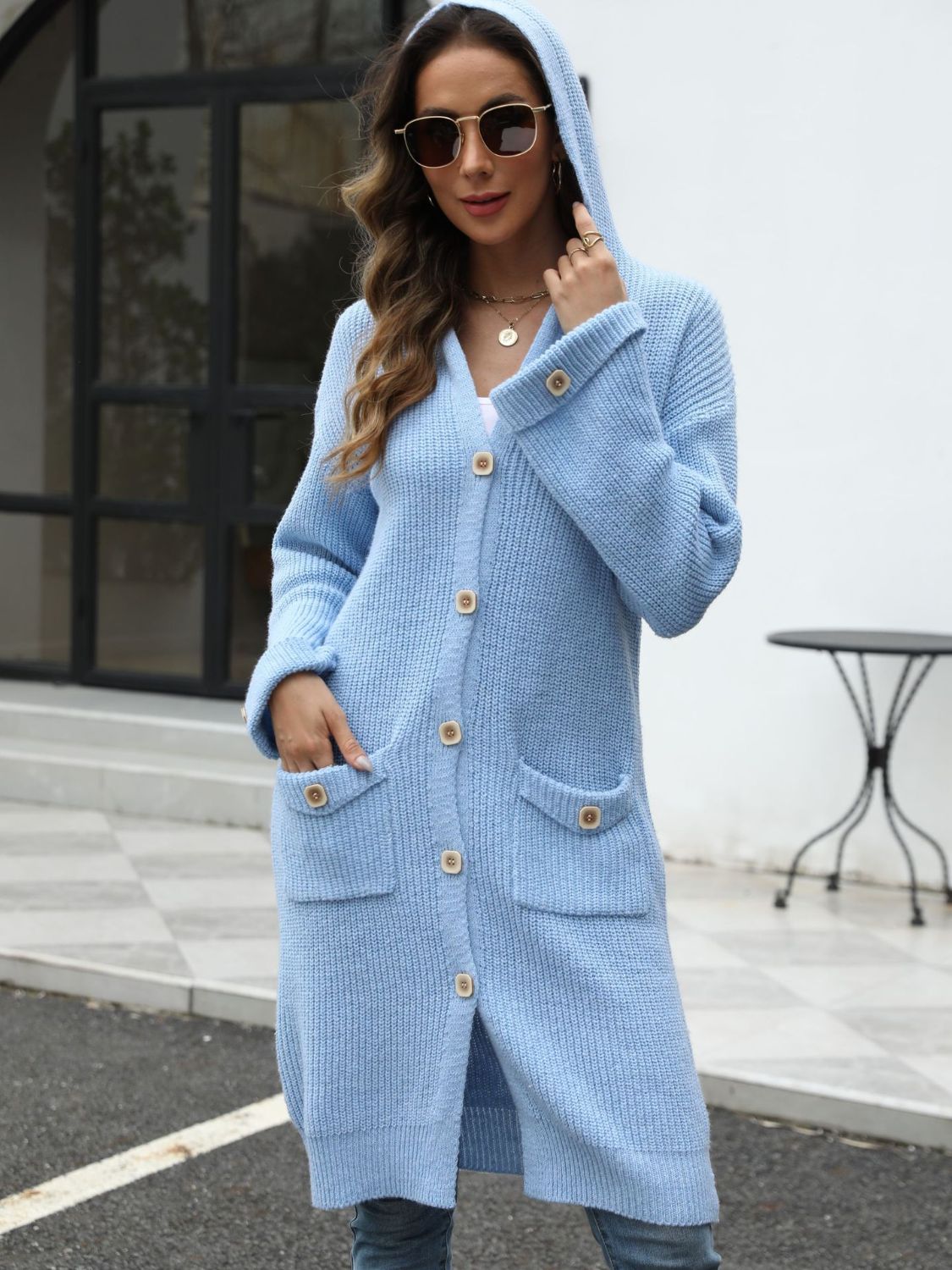 Pocketed Button Up Long Sleeve Hooded Cardigan - -