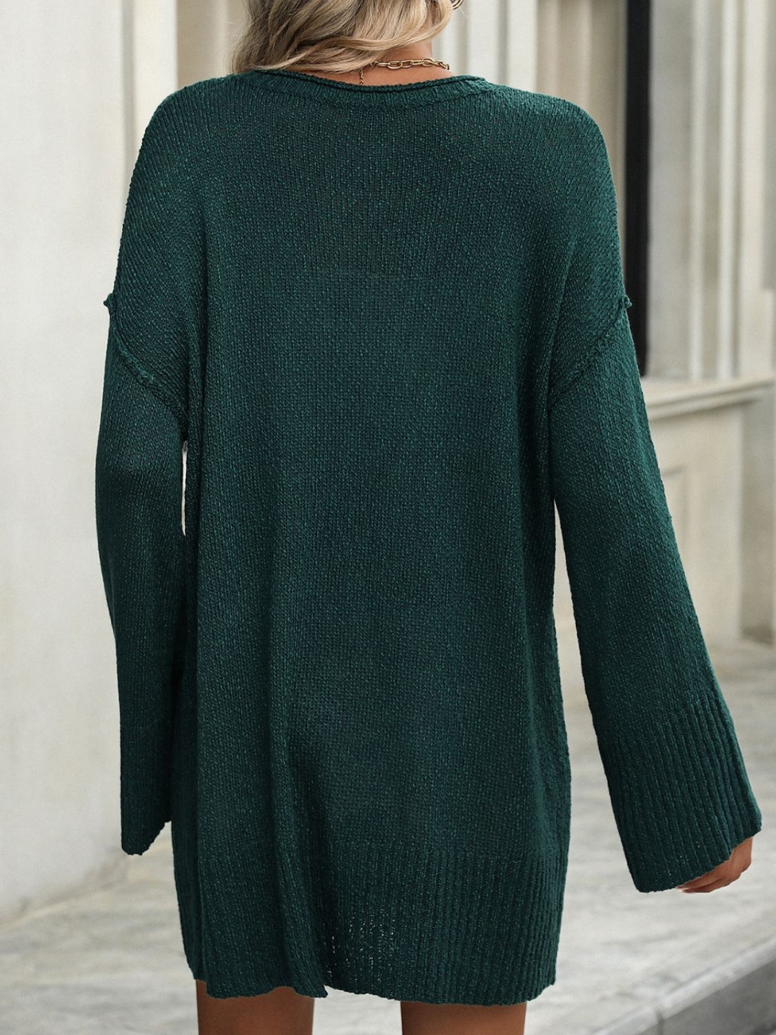 Round Neck Dropped Shoulder Sweater - -