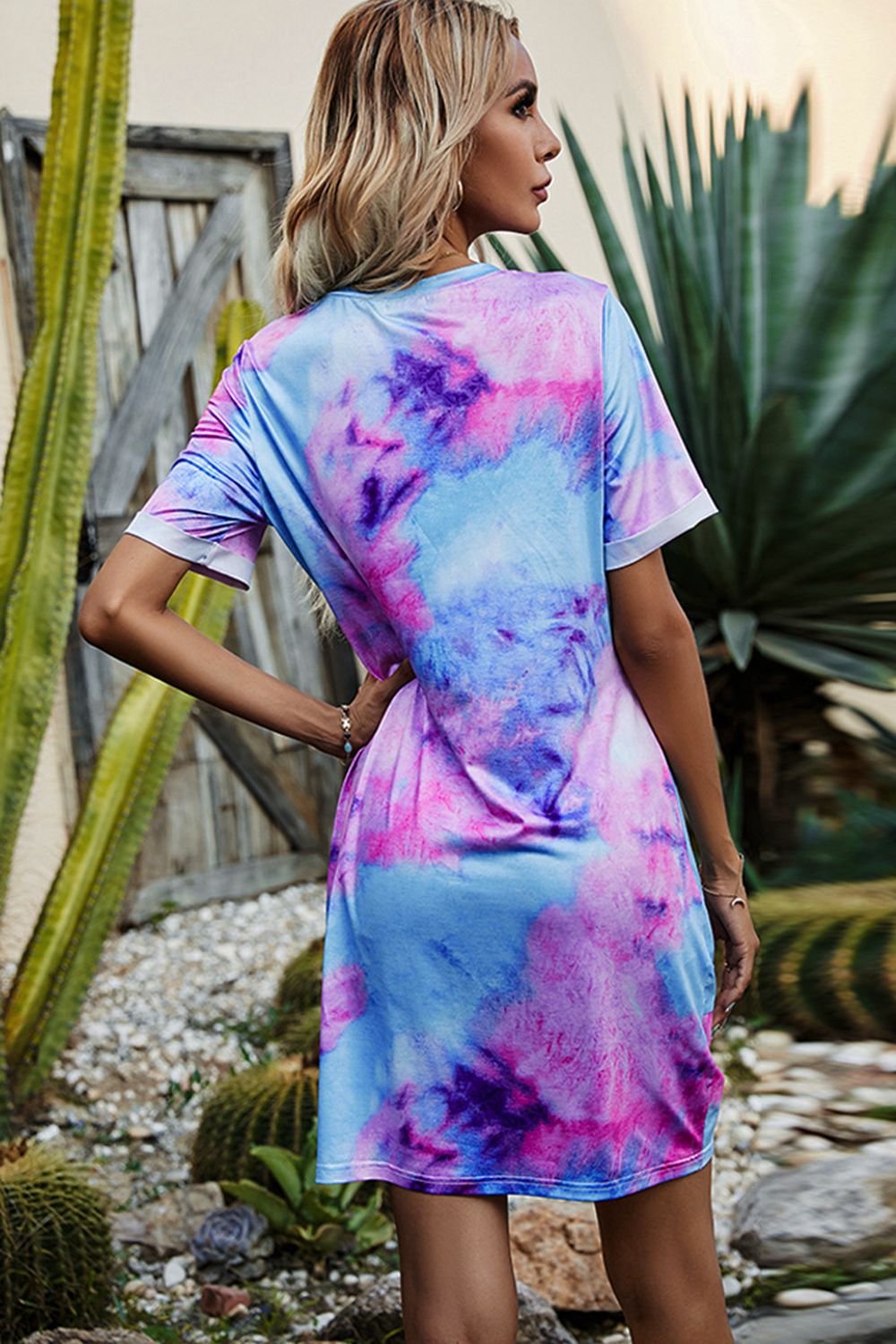 Shiny Twisted V-Neck Short Sleeve Dress - -