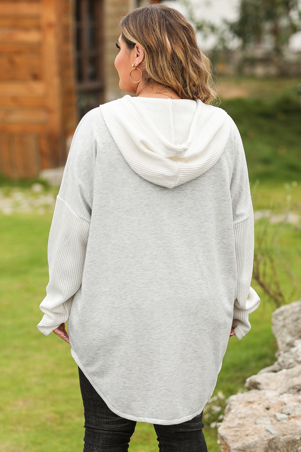 Plus Size Button Up Drawstring Long Sleeve Hoodie - -