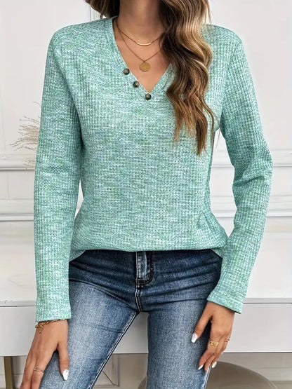 Heathered V-Neck Long Sleeve T-Shirt - -