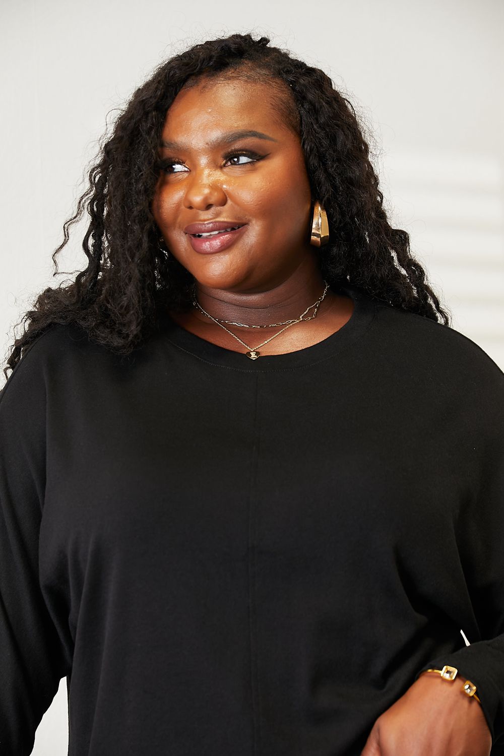 Double Take Seam Detail Round Neck Long Sleeve Top - -