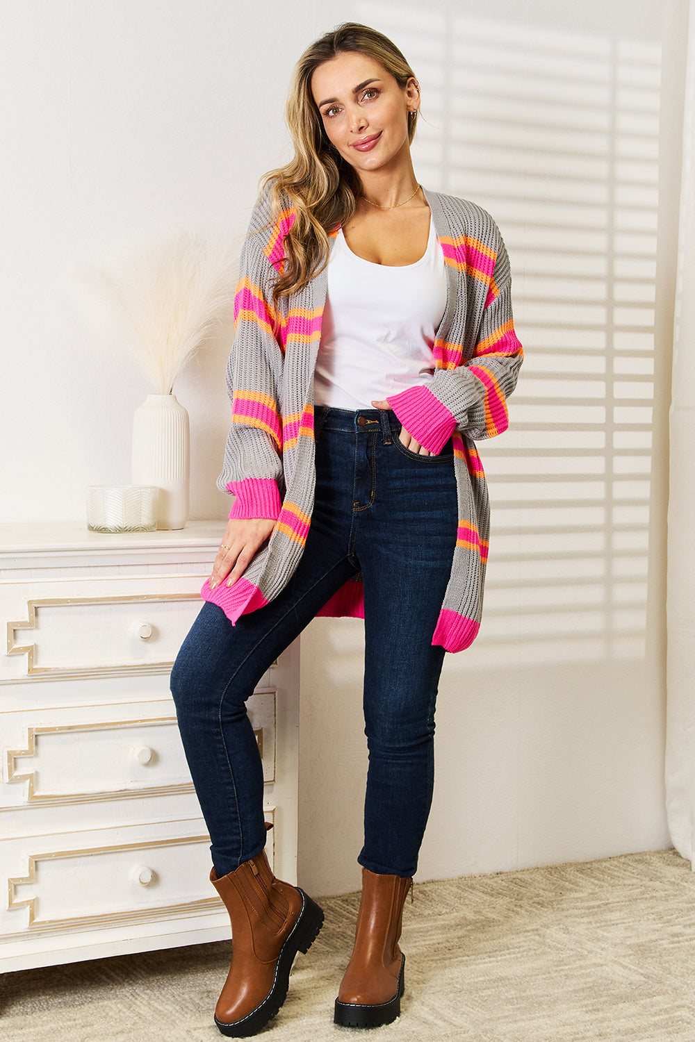 Woven Right Ribbed Long Sleeve Cardigan - -