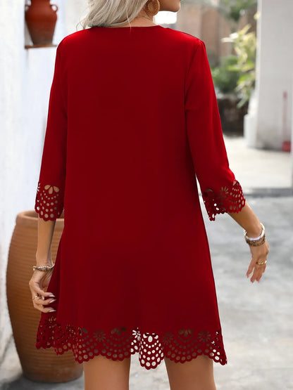 Cutout V-Neck Three-Quarter Sleeve Mini Dress - -