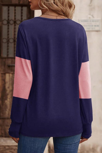 Decorative Button Contrast V-Neck Long Sleeve T-Shirt